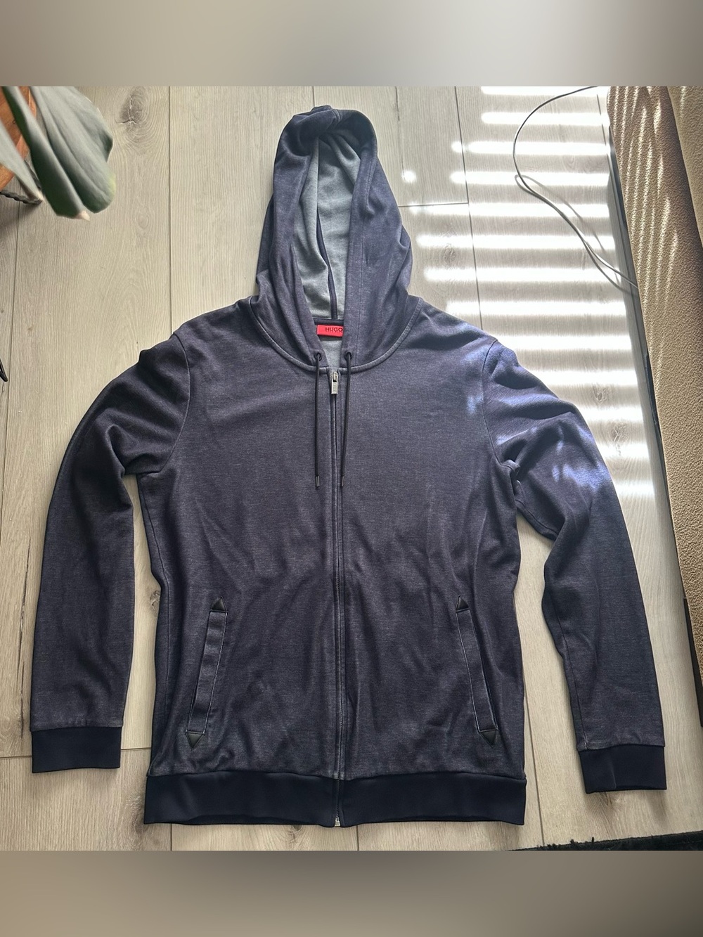 HUGO Men's Dark Navy Zip-Up Hooded Sweater // size large